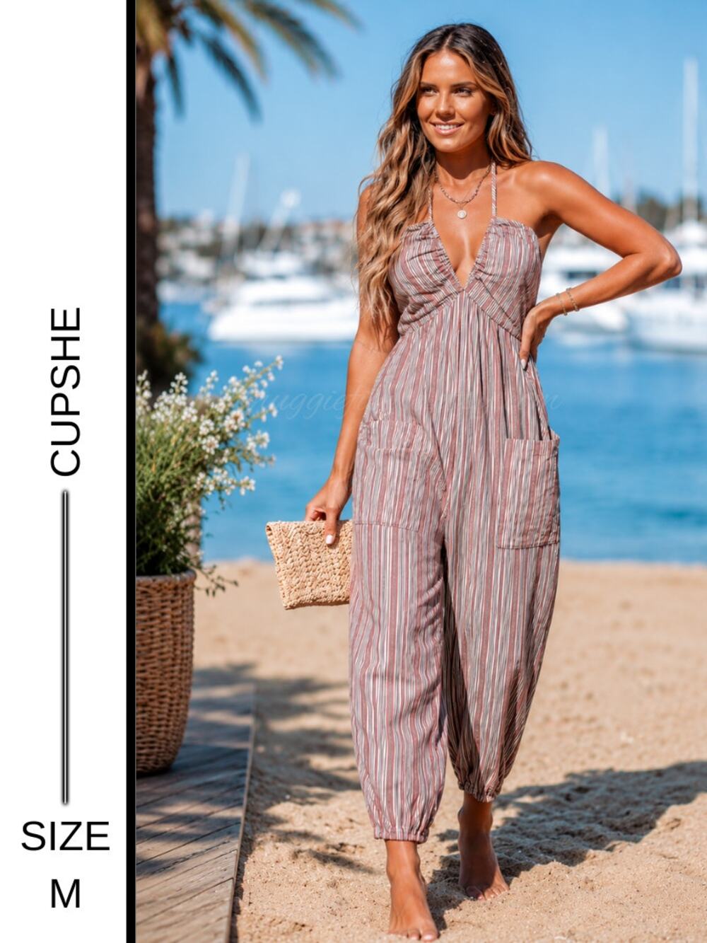 🌴 MSRP: $59 ✨ Cupshe Candy Stripe Halter Jumpsuit – Size M (fits S-M) | Beachy✨